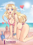 1girl alluring beach big_breasts bikini blonde_hair blue_eyes clouds earrings long_hair looking_at_viewer midriff nauth nauth_le_roy navel nintendo ocean outside pink_bikini pink_swimsuit princess_zelda sand_castle shovel side-tie_bikini side-tie_swimsuit sky swimsuit the_legend_of_zelda the_legend_of_zelda:_a_link_between_worlds triforce triforce_earrings water