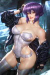 1girl arm_at_side arm_up bare_shoulders big_breasts black_gloves black_jacket breasts cleavage collarbone female_only female_solo fingerless_gloves ghost_in_the_shell gloves jacket kusanagi_motoko legs legwear leotard lips lipstick looking_at_viewer motoko_kusanagi neck neoartcore off_shoulder open_mouth pink_eyes pink_lipstick purple_hair removing_clothes short_hair smile standing stockings strapless strapless_leotard thick_thighs thighs white_legwear white_leotard white_thighhighs