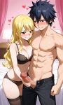 ai_generated black_bra black_hair black_lingerie_panties black_thighhighs blonde_hair curly_hair erection fairy_tail gray_fullbuster handjob hearts huge_breasts imminent_sex long_hair lucy_heartfilia pants penis_out pixai topless_male