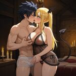 1boy 1girls ai_generated big_breasts black_hair blonde_hair couple demon_tail fairy_tail gray_fullbuster horns lucy_heartfilia sensual sexy succubus thick_thighs