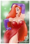  1girl arm_up art big_breasts breasts callmepo cleavage disney dress earrings eyeshadow formal green_background green_eyes hair_over_one_eye hand_on_hip jessica_rabbit jewelry lips lipstick long_hair looking_at_viewer makeup orange_hair parted_lips pinupsushi red_dress red_lipstick smile standing strapless strapless_dress who_framed_roger_rabbit 