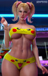 3d 3d_(artwork) 3d_render arcade arcade_cabinet big_breasts blonde_hair bracelet breasts hair_scrunchie juliet_starling lollipop_chainsaw looking_at_viewer navel_piercing pikachu pokemon senpei3d strapless_top token twin_tails