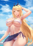 1girl 1girl 1girl 2021 alluring arms_up azto_dio bangs big_breasts bikini black_ribbon blonde_hair blue_sky core_crystal detailed_background earrings eyebrows_visible_through_hair feet_out_of_frame female_focus female_only gold_eyes hand_behind_head heroine long_hair looking_at_viewer mythra nintendo open_mouth outside pareo ribbon ribbon_in_hair skindentation slim_waist smile smiling_at_viewer strapless_bikini swept_bangs swimsuit thick_thighs thighs under_boob white_bikini xenoblade_(series) xenoblade_chronicles_2 yellow_eyes