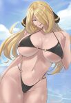 1girl 1girl 1girl alluring big_breasts big_breasts bikini bikini_bottom bikini_top black_bikini black_eyes blonde_hair bottomwear calmgreentori cleavage cynthia cynthia_(pokemon) female_only game_freak hair hair_over_one_eye hips long_hair mature mature_female mature_woman pokemon pokemon_dppt solo_female swimwear thighs topwear wholesome wide_hips