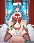 1girl bangs bare_shoulders bare_thighs before_sex big_breasts blue_eyes blue_hair blush bulge bulge_through_clothing bulge_through_underwear bulge_under_clothes bulge_under_underwear christmas christmas_outfit cleavage eirika_(fire_emblem) eirika_(winter)_(fire_emblem) erection_under_clothes erection_under_clothing erection_under_swimwear erection_under_underweater female_focus fire_emblem fire_emblem:_the_sacred_stones fire_emblem_heroes grin grinding imminent_sex kneel lingerie long_hair looking_at_viewer loutaniart male_pov negligee nintendo on_bed panties pov red_panties smile solo_focus stockings thighs underwear unseen_male_face very_long_hair window