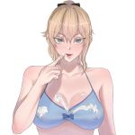 1girl alluring artbyayu bikini blonde_hair blue_eyes genshin_impact jean_gunnhildr licking_fingers whipped_cream whipped_cream_on_bra whipped_cream_on_breasts