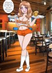  1girl beer beverage big_breasts breasts cleavage empty_eyes female_only food hamburger hooters kobi-tfs kobi94 mind_control pokemon pokemon_xy serena solo_female speech_bubble text waitress 