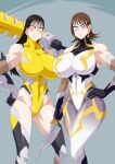 2_girls alluring avataro_sentai_donbrothers big_breasts blue_eyes bodysuit brown_hair haruka_kito holding_weapons leotard otokam1117 pin_up posing sononi super_sentai thighhigh_boots yellow_eyes