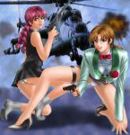  2_girls arm arm_at_side arms art bare_arms bare_legs bare_shoulders big_breasts black_dress black_high_heels blue_eyes boots braid breasts brown_hair closed_mouth dress female_only flower full_body grey_boots grey_footwear gun hand_up helicopter high_heels hiiragi_najica holding holding_gun holding_weapon humarittt_zzz_lila legband legs lila lips lipstick long_hair looking_at_viewer looking_back makeup multiple_girls najica_blitz_tactics najica_hiiragi neck orange_eyes orange_lipstick purple_hair red_bow red_bowtie red_flower red_rose rose sleeveless sleeveless_dress smile squatting suit toten_(artist) twin_braids vehicle weapon 