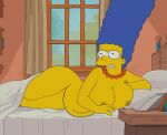 1girl 20th_century_studios angry big_breasts black_eyes blue_hair edit laying_on_bed marge_simpson nude pregnant the_simpsons yellow_skin