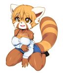 1girl 1girl aggressive_retsuko anthro big_breasts breasts clothing cute furry kneel mammal red_panda retsuko simple_background slugbox undressing white_background