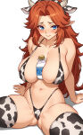 1girl 1girl absurd_res animal_ears between_breasts big_breasts bikini blue_eyes blush bottle brown_hair cetta_(cettadvd) commentary cow_ears cow_horns english_commentary high_res highleg highleg_bikini horns malon micro_bikini milk_bottle navel nintendo simple_background sitting stockings swimsuit the_legend_of_zelda the_legend_of_zelda:_ocarina_of_time white_background