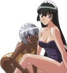  2_girls :d absurd_res arm arm_support art bare_arms bare_legs bare_shoulders black_hair blue_swimsuit blush_stickers breasts c: cleavage closed_mouth collarbone dark_skin female_only hanaukyou_maid_tai high_res hugging human human_only leg_grab legs leotard long_hair looking_at_viewer maid maid_headdress multiple_girls neck open_mouth sanae_yashima shiny shiny_hair shiny_skin short_hair silver_hair simple_background sitting small_breasts strapless strapless_leotard strapless_swimsuit swimsuit tsurugi_konoe white_background yellow_swimsuit yuri 