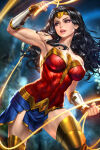 1girl amazon arm_up armpits bare_shoulders big_breasts black_hair blue_skirt blurry blurry_background bracer breasts brown_hair dc_comics dcau diana_prince eyeshadow female_only female_solo greaves holding holding_object justice_league justice_league:_crisis_on_two_earths justice_league_unlimited lasso_of_truth legs lips lipstick long_hair looking_to_the_side makeup medium_breasts miniskirt muscle muscular muscular_female neck neoartcore night night_sky open_mouth outside pink_lipstick purple_eyeshadow red_tubetop round_teeth serious skirt standing starry_sky strapless teeth thick_thighs thighs tiara tubetop upper_teeth wavy_hair wonder_woman wonder_woman_(series)