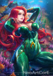 1girl adjusting_hair aquaman_(series) bangs big_breasts blue_eyes blush bodysuit breasts dc dc_comics female female_only female_solo green_bodysuit long_hair looking_at_viewer mera_(dc) neoartcore ocean open_mouth parted_bangs red_hair smile solo underwater