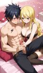 ai_generated black_bra black_hair black_lingerie_panties black_thighhighs blonde_hair curly_hair erection fairy_tail gray_fullbuster handjob hearts huge_breasts imminent_sex long_hair lucy_heartfilia pants penis_out pixai topless_male