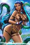 1girl bare_legs bare_shoulders black_hair blue_eyes blush breasts dark-skinned_female dark_skin day earrings embarrassed eyeshadow female_only female_solo gym_leader half-closed_eyes hoop_earrings jewelry legs lips lipstick long_hair looking_at_viewer makeup medium_breasts neck necklace neoartcore nessa_(pokemon) nintendo outside parted_lips pokemon pokemon_(game) pokemon_sword_&_shield purple_eyeshadow red_lipstick revealing_clothes shy standing tentacle tentacle very_long_hair water