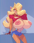 1girl 2024 activision anthro areola bandicoot big_breasts bigdad biped black_nose blonde_hair blue_background breasts clothed clothing clothing_lift crash_bandicoot_(series) female flashing gloves hair handwear huge_breasts lipstick looking_at_viewer makeup mammal marsupial nipples orange_body orange_tail pink_areola pink_nipples shirt shirt_lift simple_background solo tail tawna_bandicoot topwear