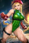 1girl abs bare_legs bare_shoulders beret big_breasts blonde_female blonde_hair blue_eyes boots braid breasts bridge cammy_white capcom castle clenched_hands covered_navel female_only female_solo fighting_stance fingerless_gloves freckles gloves green_leotard hat headwear highleg highleg_leotard legs leotard lips lipstick long_hair looking_to_the_side makeup naughty_face neck neoartcore night night_sky open_mouth outside pink_lipstick red_beret red_gloves red_hat red_headwear scar sky sleeveless sleeveless_turtleneck smile standing starry_sky street_fighter street_fighter_ii thick_thighs thigh_gap thighs turtleneck turtleneck_leotard twin_braids very_long_hair