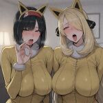 2_girls ai_generated big_breasts black_hair blonde_female blonde_hair bodysuit breasts cosplay covered_navel curvaceous curvy_body curvy_female curvy_figure cynthia_(pokemon) erika_(pokemon) eyelashes facing_viewer fake_animal_ears female_hypno fur_collar fur_trim hair_accessory hair_ornament hair_over_one_eye huge_breasts human hypno_(cosplay) lips long_hair mature mature_female open_mouth pokemon pokemon_(cosplay) pokemon_(species) pokemon_bdsp pokemon_dppt purple_eyes short_hair smile stable_diffusion tongue tongue_out underdog454545