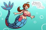 1girl alternate_species big_breasts bra breasts clothing curvy_figure delia_ketchum english_text female generation_3_pokemon grepstrash hourglass_figure humanoid marine mature_female merfolk milotic nintendo pokemon pokemon_(species) seashell_bra solo split_form text underwater underwear water