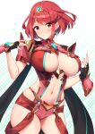 1girl 1girl 1girl absurd_res alluring armor baffu bangs big_breasts blush closed_mouth commentary covered_nipples earrings eyebrows_visible_through_hair fingerless_gloves fingernails gloves gradient gradient_background hands_up heroine high_res jewelry looking_at_viewer milf navel nintendo pyra red_eyes red_hair red_shorts revealing_clothes shiny shiny_hair shiny_skin short_hair short_sleeves shorts shoulder_armor simple_background stockings stomach sweat sweatdrop thighs tiara xenoblade_(series) xenoblade_chronicles_2