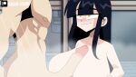 1boy 1girl audrey_(hagen_toons) big_breasts black_hair fully_nude gif gif hagen_toons koji_(hagen_toons) male massive_breasts muscular_male nude paizuri paizuri paizuri shower steam steaming_body yellow_eyes