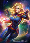 1girl avengers avengers:_endgame bangs big_breasts blonde_female blonde_hair blue_bodysuit blue_eyes bodysuit breasts captain_marvel carol_danvers clenched_hand closed_mouth female_only female_solo fighting_stance floating_hair lips lipstick long_hair looking_at_viewer makeup marvel marvel_comics naughty_face neoartcore parted_bangs pink_lipstick skin_tight smile