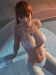 1girl 3d alluring areola big_breasts bikini brown_eyes brown_hair cleavage dead_or_alive dead_or_alive_2 dead_or_alive_3 dead_or_alive_4 dead_or_alive_5 dead_or_alive_6 dead_or_alive_xtreme dead_or_alive_xtreme_2 dead_or_alive_xtreme_3 dead_or_alive_xtreme_3_fortune dead_or_alive_xtreme_beach_volleyball dead_or_alive_xtreme_venus_vacation earrings emerald_(gem) jewelry kasumi kasumi_(doa) looking_at_viewer necklace pool radianteld swimming_pool swimsuit tecmo voluptuous white_bikini