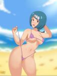 1girl 1girls alternate_version_available arm_behind_head beach big_breasts big_breasts big_breasts bikini bikini_pull blue_eyes blue_hair breasts female_only hound_wolf lana's_mother_(pokemon) looking_at_viewer milf navel open_mouth pokemon pokemon_sm pulled_by_self pulling_own_clothes pussy smile string_bikini tagme teasing