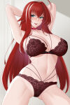 1girl alluring aslind_samure aslindsamure big_breasts blue_green_eyes blush cleavage female_only floral_print glossy_lips high_school_dxd long_hair nipples_visible_through_clothing red_bra red_hair red_lingerie red_panties rias_gremory smile tattoo teal_eyes