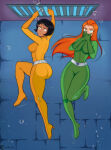 2girls air_bubbles alex_(totally_spies) asphyxiation ass bodysuit breasts bubbles cartoon_network clothed clothing covering_mouth darkseether drowning female female_only high_heels holding_breath peril puffed_cheeks sam_(totally_spies) skin_tight tight_clothing totally_spies trapped underwater underwater_peril water