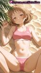 1girl 1girl 1girls 2025 ai ai_assisted ai_generated anime anime_style bangs bare_arms bare_legs bare_shoulders beach big_breasts bikini blush breasts brown_eyes brown_hair bust cameltoe cleavage clothing collarbone feet_out_of_frame female_focus female_only from_above gun_gale_online hand_up hentai high_quality high_res high_res high_resolution knees_up kohiruimaki_karen legs llenn_(sao) looking_at_viewer lying m_legs medium_breasts natsuyoru navel on_back on_ground outside palm_leaf panties parted_lips partially_visible_vulva patreon pink_bikini pink_sports_bra sand short_hair solo_female sports_bikini sports_bra spread_legs stable_diffusion stomach sweat swimsuit sword_art_online thighs underwear voluptuous voluptuous_female water wet wet_clothes