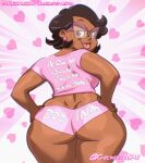 1girl 1girls 1milf 2025 ass ass booty_shorts breasts brown_hair camila_noceda chickpea color colored curvy curvy_body curvy_female dark-skinned_female digital_drawing_(artwork) disney disney_channel earrings female_only glasses gradient_background hair hands_on_hips hotpants latina looking_at_viewer looking_back looking_back_at_viewer mature milf pink_background presenting_hindquarters rear_view sfw shirt short_hair short_shorts shorts simple_background spanish_text t-shirt tagme text the_owl_house tongue tongue_out twitter_link valentine's_day wide_hips