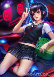 1girl bare_legs black_hair blush breasts brown_eyes female_only female_solo hair_between_eyes legs lips looking_at_viewer miniskirt neoartcore open_mouth peni_parker pleated_skirt robot school_uniform short_hair short_sleeves skirt small_breasts smile spider-man:_into_the_spider-verse spider-man_(series) v