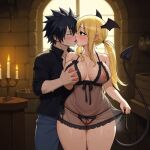 1boy 1girls ai_generated big_breasts black_hair blonde_hair couple demon_tail fairy_tail gray_fullbuster horns lucy_heartfilia sensual sexy succubus thick_thighs