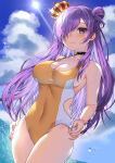 1girl 1girl absurd_res alluring alternate_costume big_breasts bikini black_choker blue_sky choker cleavage closed_mouth cloud collarbone commentary_request commission competition_swimsuit covered_navel day fire_emblem fire_emblem:_three_houses fire_emblem_warriors:_three_hopes hair_bun hair_over_one_eye high_res long_hair looking_at_viewer nintendo ocean one-piece_bikini outside purple_eyes purple_hair shez_(fire_emblem) shez_(fire_emblem)_(female) sideboob single_hair_bun skeb_commission skindentation sky smile swimsuit water yam_(yamap_mako) yellow_one-piece_bikini