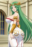 1girl accurate_art_style alluring androidparanoid ass big_breasts clothed green_eyes green_hair kid_icarus long_hair necklace nintendo palutena pin_up