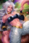 1girl android_21 android_21_(evil) bare_shoulders black_detached_sleeves black_sclera black_tubetop bracelet breasts detached_sleeves dragon_ball dragon_ball_fighterz earrings female_only female_solo grey_hair half-closed_eyes hand_up harem_outfit harem_pants hoop_earrings jewelry lips lipstick looking_at_viewer majin_android_21 makeup medium_breasts midriff nail_polish navel neck neck_ring neoartcore open_mouth pants pink_lipstick pink_skin pointy_ears purple_nails red_eyes revealing_clothes short_hair silver_hair smile strapless tail toei_animation tongue tubetop