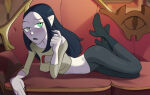 1girl 1girl 1girls black_nails blue_hair boots clothed clothed_female clothes green_eyes grey_eyes heterochromia high_heel_boots lilith_clawthorne long_hair nail_polish newguy1091 pointy_ears sharp_fingernails sofa solo_female the_owl_house