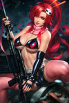 1girl asymmetrical_bangs bangs bare_shoulders big_breasts breasts cleavage female_only female_solo gun hair_stick high_ponytail holding holding_gun holding_weapon legwear lips lipstick looking_at_viewer makeup neoartcore open_mouth orange_eyes pink_legwear pink_lipstick pink_thighhighs ponytail red_hair revealing_clothes rifle sidelocks smile sniper sniper_rifle stockings tengen_toppa_gurren-lagann tied_hair under_boob weapon yoko_littner