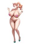 1girl big_breasts creatures_(company) curvy curvy_figure full_body game_freak heart_hair_ornament huge_breasts jasony long_hair looking_at_viewer nintendo orange_hair pokemon_ss pokemon_sword_&amp;_shield side_ponytail simple_background sonia_(pokemon) waving_at_viewer white_background