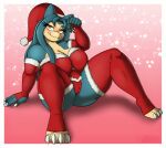 1girl big_ass big_breasts blue_hair blue_skin chubby cute lingerie long_gloves long_hair neronova nina_snorlax posing seductive sexy snorlax spread_legs thick thighs