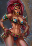 1girl abs absurd_res alluring armband athletic_female belt big_breasts blue_lipstick bra bracelet cameltoe choker circlet clothed cowboy_shot curvy dandon_fuga dark-skinned_female dark_skin earrings female_abs female_only fit_female front_view gold_(metal) green_eyes hands_on_hips high_res hoop_earrings humanoid jewelry lipstick long_hair looking_at_viewer midriff navel nintendo panties pointy_ears ponytail red_hair smile standing t the_legend_of_zelda tied_hair toned urbosa very_long_hair