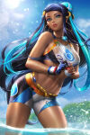 1girl bare_legs bare_shoulders black_hair blue_eyes breasts dark-skinned_female dark_skin day earrings female_only female_solo grin gym_leader hoop_earrings jewelry legs lips lipstick long_hair looking_at_viewer makeup medium_breasts neck necklace neoartcore nessa_(pokemon) nintendo outside parted_lips pokemon pokemon_(game) pokemon_sword_&_shield red_lipstick smile standing very_long_hair water