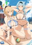 1girl 2021 2_girls annoyed arm_grab arm_under_breasts arms_behind_head arms_up artist_signature asymmetrical_hair beach bikini blonde_hair blue_bikini blue_eyes blue_hair blue_sky blush cleavage embarrassed eula_(genshin_impact) female_focus female_only genshin_impact hair_ornament hairband high_res jean_gunnhildr kneel looking_at_viewer medium_hair nvl o-ring o-ring_bikini outside ponytail sand seashell shiny_skin skindentation sweat swimsuit thick_thighs thigh_strap thighs under_boob very_high_resolution water white_bikini yellow_eyes