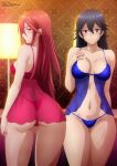 2_girls alluring ass bed bedroom big_breasts black_hair blue_bow blue_eyes blue_panties blush bow bow_panties bra collarbone cordelia_(fire_emblem) dress fire_emblem fire_emblem_awakening from_behind hand_on_own_chest lamp lingerie long_hair looking_at_viewer looking_back lucina lucina_(fire_emblem) medium_breasts multiple_girls navel negligee nintendo panties red_bra red_dress red_eyes red_hair red_panties see-through_clothes see-through_dress smile standing underwear zel-sama