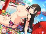 1_girl 1girl 4:3_aspect_ratio anime_coloring armpits ass big_breasts black_hair blue_eyes breasts female_only high_resolution kagura_(senran_kagura) long_hair looking_at_viewer nipples nude nude_filter senran_kagura shinobi_master_senran_kagura:_new_link sitting swimsuit third-party_edit umbrella