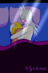 1boy 1girl bed breast_smother breasts closed_eyes cuddling face_in_breasts fox_ears fox_girl halo head_between_breasts hugging original_character sleeping white_hair wholesome yellow_hair