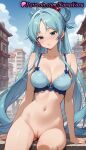 1girl 1girl 1girls 2025 ai ai_generated anime anime_style aqua_(konosuba) asian ass_visible_through_thighs bangs bare_arms bare_shoulders big_breasts big_breasts blue_bra blue_eyes blue_hair blue_sky blush bottomless bow bow_bra bra breasts building bust cleavage cleft_of_venus collarbone day earrings female_focus female_only hair_bobbles hair_ornament hair_rings hentai high_quality high_res high_res high_resolution jewelry kono_subarashii_sekai_ni_shukufuku_wo! labia lace-trimmed_bra long_hair looking_at_viewer natsuyoru navel outside paipan parted_bangs parted_lips patreon public_indecency pussy pussy pussy_juice sitting sky solo_female stable_diffusion stomach thighs uncensored underwear underwear_only very_long_hair voluptuous voluptuous_female wig